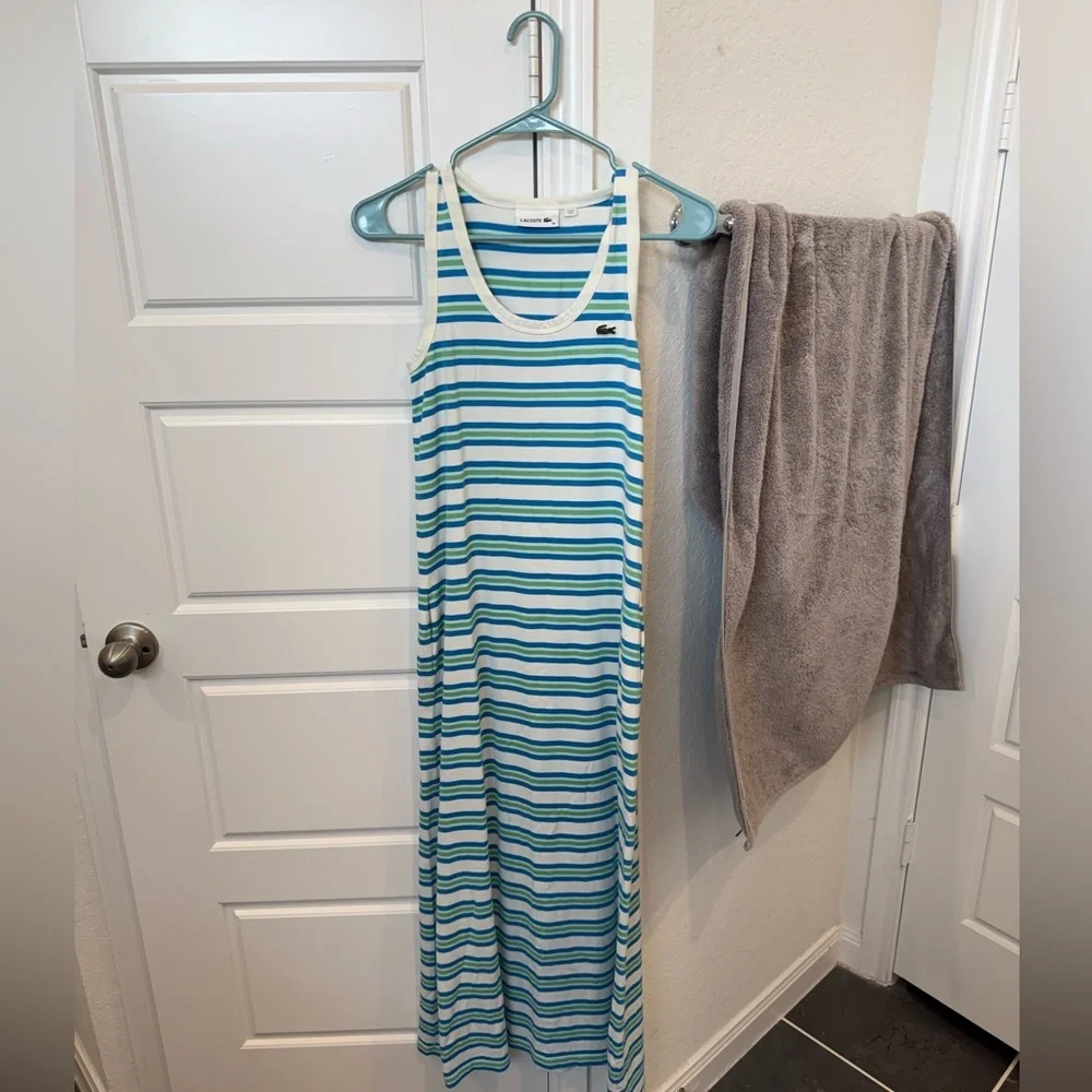 Lacoste Striped Tank Midi Dress in Light Blue and White - Picture 2 of 5